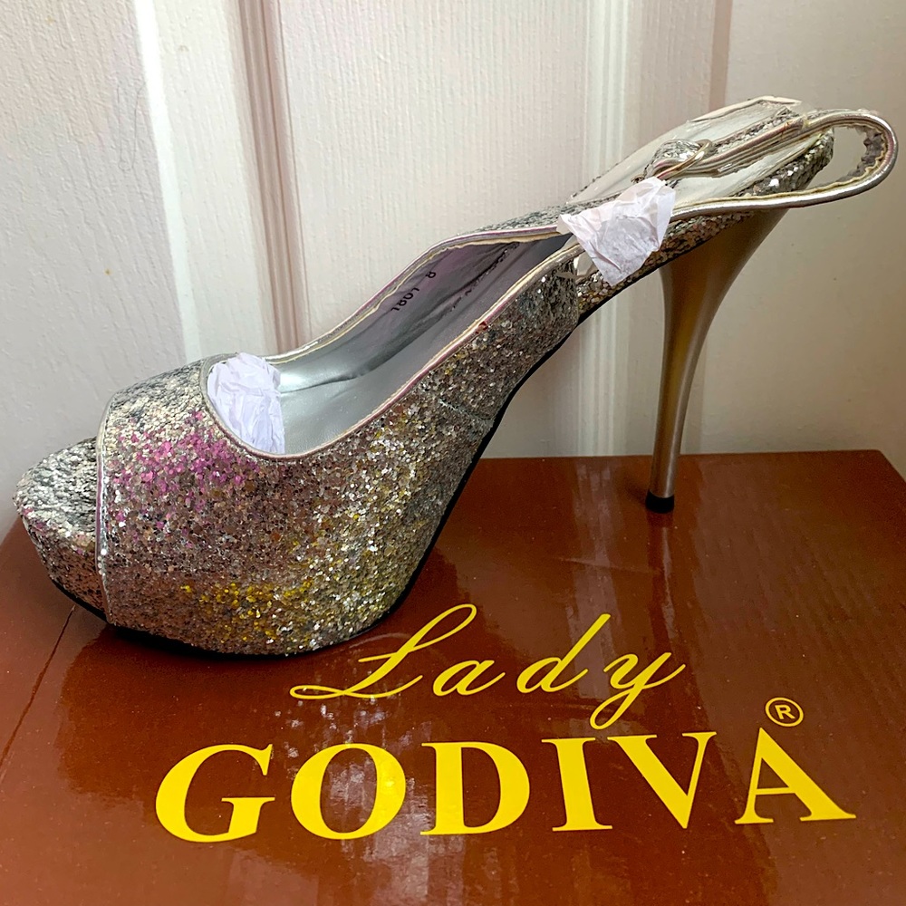 Lady Godiva Silver Sparkle High Heels